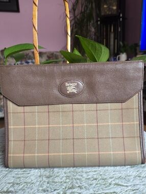 Burberry Brown Plaid Cluch Bag with Leather Trim